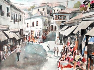 Painting titled "Gjirokastra old town" by Ibolya Taligas, Original Artwork, Watercolor