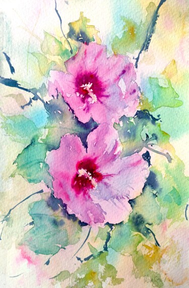 Pintura titulada "Pink Hibiscus Flowe…" por Ibolya Taligas, Obra de arte original, Acuarela