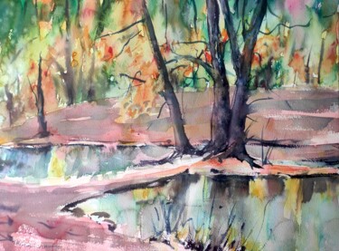 Malerei mit dem Titel "Autumn lake reflect…" von Ibolya Taligas, Original-Kunstwerk, Aquarell