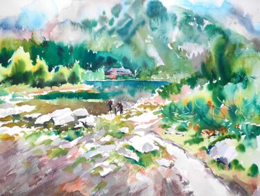 Painting titled "Zelene Pleso in Slo…" by Ibolya Taligas, Original Artwork, Watercolor