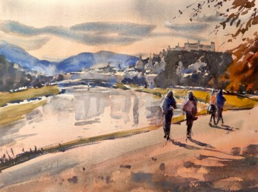 Painting titled "Autumn sunset over…" by Ibolya Taligas, Original Artwork, Watercolor