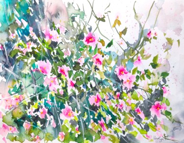 Pintura titulada "Camellia bush" por Ibolya Taligas, Obra de arte original, Acuarela