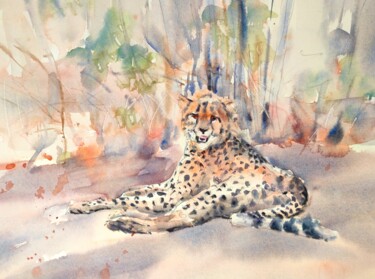 Painting titled "Resting cheetah" by Ibolya Taligas, Original Artwork, Watercolor