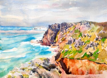 Pintura intitulada "West Cornwall coast…" por Ibolya Taligas, Obras de arte originais, Aquarela