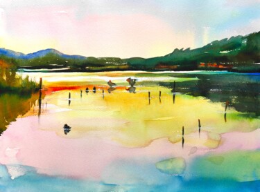 Painting titled "Rainbow sunset on t…" by Ibolya Taligas, Original Artwork, Watercolor