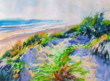 Pintura intitulada "Camber Sands Beach,…" por Ibolya Taligas, Obras de arte originais, Aquarela