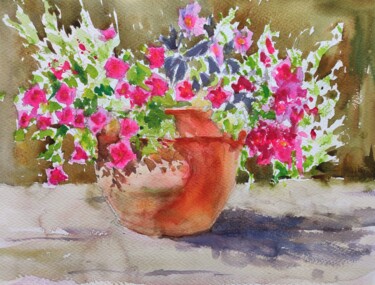 Pintura intitulada "Petunia flowers in…" por Ibolya Taligas, Obras de arte originais, Aquarela