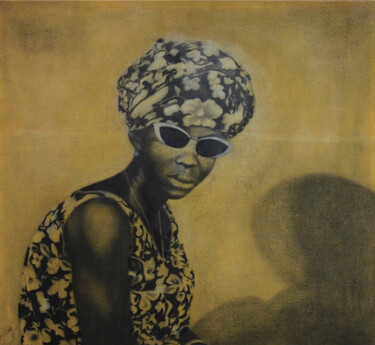 Schilderij getiteld "Mujer con gafas" door Ibrahim Marong, Origineel Kunstwerk, Houtskool Gemonteerd op Frame voor houten br…