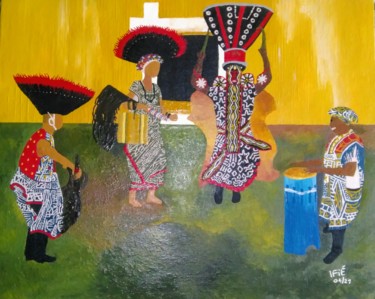 Painting titled "Bamileke's Dance" by Denis Christian Biouele (IFIE), Original Artwork, Enamel Mounted on Wood Stretcher fra…