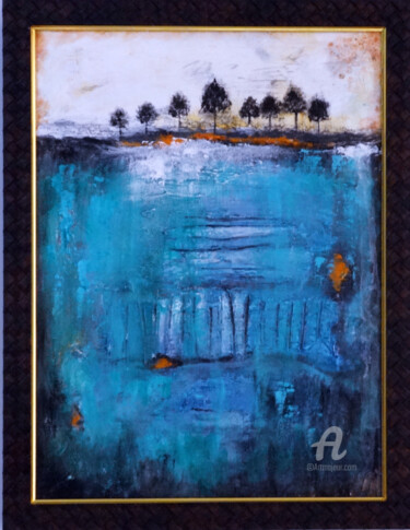 Schilderij getiteld "Blue River Abstract…" door Indrani Ghosh, Origineel Kunstwerk, Acryl Gemonteerd op Andere stijve panelen