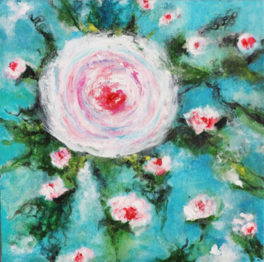 Pintura intitulada "White Roses on Turq…" por Indrani Ghosh, Obras de arte originais, Acrílico Montado em Outro painel rígido