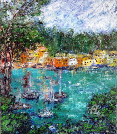 Schilderij getiteld "Portofino Italy Imp…" door Indrani Ghosh, Origineel Kunstwerk, Olie Gemonteerd op Andere stijve panelen