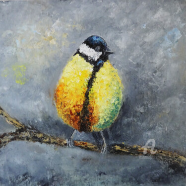 Pittura intitolato "Great Tit Bird Oil…" da Indrani Ghosh, Opera d'arte originale, Olio Montato su Altro pannello rigido