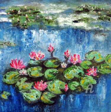 Painting titled "Pink Water Lilies i…" by Indrani Ghosh, Original Artwork, Oil Mounted on Other rigid panel