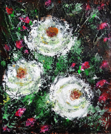 Painting titled "White Roses with Pi…" by Indrani Ghosh, Original Artwork, Acrylic Mounted on Other rigid panel