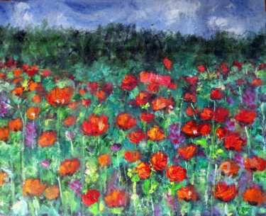 Картина под названием "Poppy Field Oil Pai…" - Indrani Ghosh, Подлинное произведение искусства, Масло