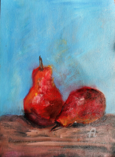 Painting titled "Two Red Pears Still…" by Indrani Ghosh, Original Artwork, Oil