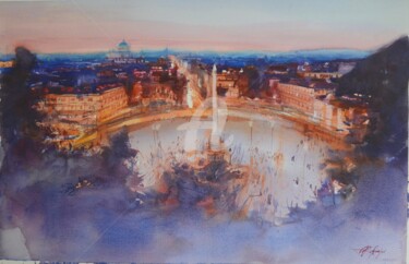 Pittura intitolato "Piazza del Popolo -…" da Igli Arapi, Opera d'arte originale, Acquarello
