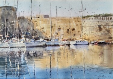 Pittura intitolato "Castel and boats" da Igli Arapi, Opera d'arte originale, Acquarello