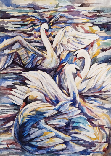 Malerei mit dem Titel "Лебеди на воде" von Igor Hramov, Original-Kunstwerk, Aquarell