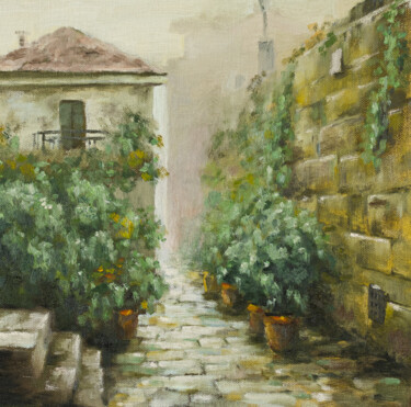 Pittura intitolato "Rain in the old town" da Igor Makeev, Opera d'arte originale, Olio