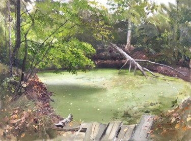 Картина под названием "Лесной пруд" - Игорь Машин, Подлинное произведение искусства, Масло Установлен на Другая жесткая пане…