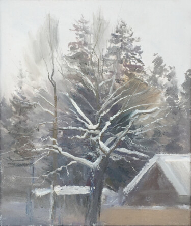 Painting titled "Дуб под снегом" by Igor Masin, Original Artwork, Oil Mounted on Other rigid panel