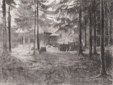 Drawing titled "Лесная поляна" by Igor Masin, Original Artwork, Ink Mounted on Other rigid panel