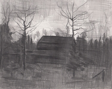 Рисунок под названием "Вечер осенью" - Игорь Машин, Подлинное произведение искусства, Карандаш