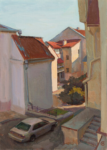 Painting titled "Old courtyard" by Igor Sventitski, Original Artwork, Oil Mounted on Wood Stretcher frame