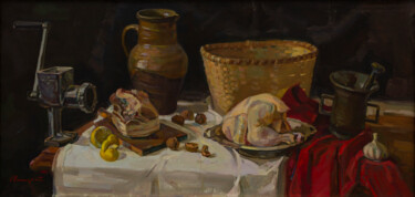 Ζωγραφική με τίτλο "Still life with meat" από Igor Sventitski, Αυθεντικά έργα τέχνης, Λάδι Τοποθετήθηκε στο Ξύλινο φορείο σκ…