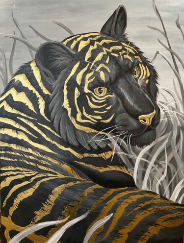 Painting titled "Golden Tiger" by Ilia Byzov, Original Artwork, Acrylic