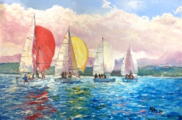 Malarstwo zatytułowany „Sailing regatta” autorstwa Ilgiz Murtazin, Oryginalna praca, Olej Zamontowany na Drewniana rama noszy
