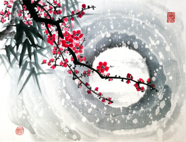 Pintura titulada "Red plum, bamboo an…" por Ilana Shechter, Obra de arte original, Acuarela