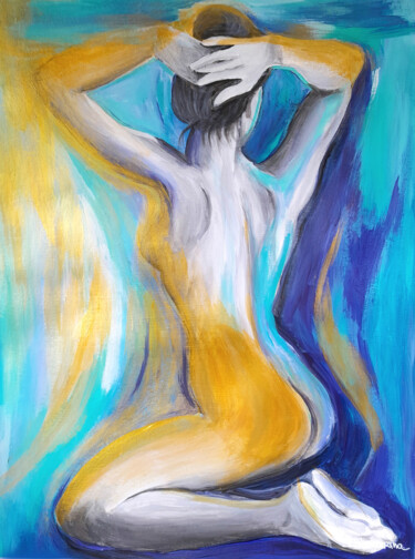 Картина под названием "Ouro sobre azul" - Ildemarina Rodrigo, Подлинное произведение искусства, Акрил