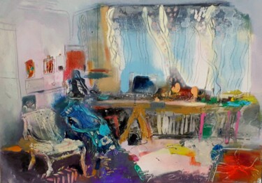 Painting titled "artist studio" by Ilgvars Zalans, Original Artwork, Oil Mounted on Wood Stretcher frame