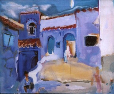 Painting titled "chefchaouen2" by Ilgvars Zalans, Original Artwork, Oil Mounted on Wood Stretcher frame
