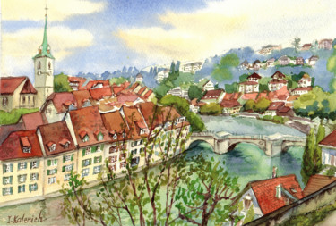 Painting titled "Bern Cityscape and…" by Ilona Kalenich, Original Artwork, Watercolor