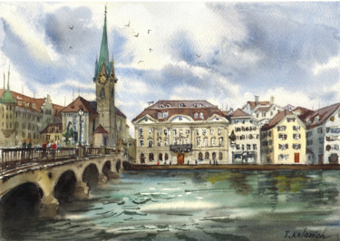 Painting titled "Zurich landscape wi…" by Ilona Kalenich, Original Artwork, Watercolor