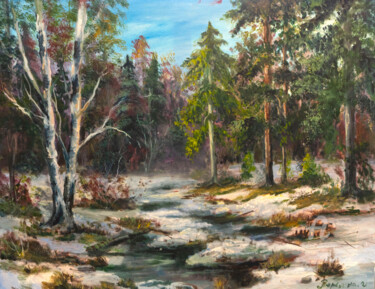 Картина под названием "Winter in the forest" - Илона Терехина, Подлинное произведение искусства, Масло Установлен на Деревян…