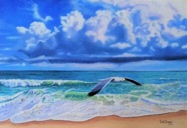 Painting titled "O mar e a gaivota" by Inês Dourado, Original Artwork, Oil
