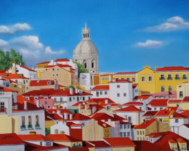 Painting titled "Lisboa Luminosa e C…" by Inês Dourado, Original Artwork, Oil Mounted on Wood Stretcher frame