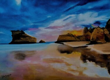 Pittura intitolato "Pôr do sol na Praia…" da Inês Dourado, Opera d'arte originale, Olio