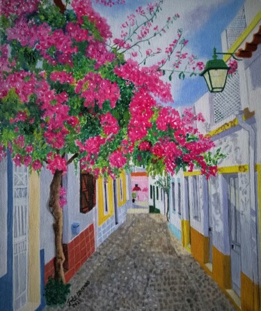 Pittura intitolato "Uma Rua florida de…" da Inês Dourado, Opera d'arte originale, Olio Montato su Telaio per barella in legno