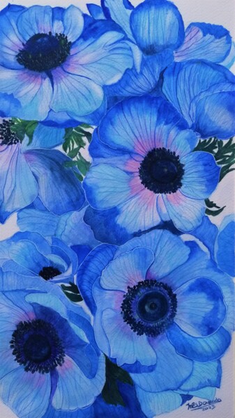 Pintura intitulada "Anémonas azuis" por Inês Dourado, Obras de arte originais, Aquarela