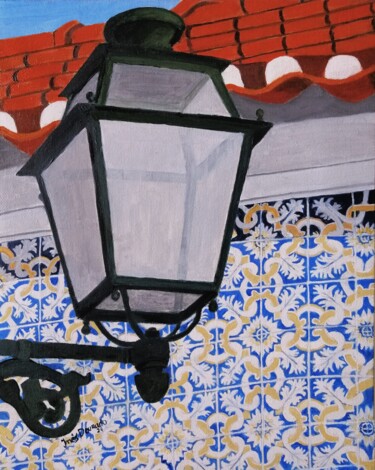 Schilderij getiteld "Símbolos de Lisboa…" door Inês Dourado, Origineel Kunstwerk, Olie Gemonteerd op Frame voor houten branc…