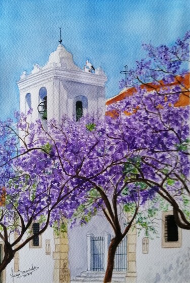 Schilderij getiteld "Jacarandás em Faro" door Inês Dourado, Origineel Kunstwerk, Aquarel