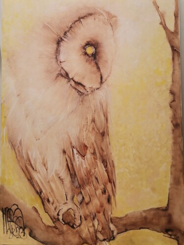 Malerei mit dem Titel "owl yellow" von Inesa Mur, Original-Kunstwerk, Öl
