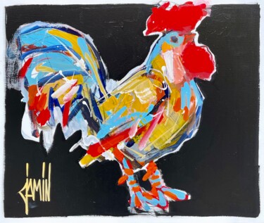 Schilderij getiteld "Coq" door David Jamin, Origineel Kunstwerk, Acryl Gemonteerd op Frame voor houten brancard