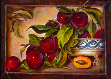 Malarstwo zatytułowany „A branch of red plu…” autorstwa Inga Loginova, Oryginalna praca, Olej